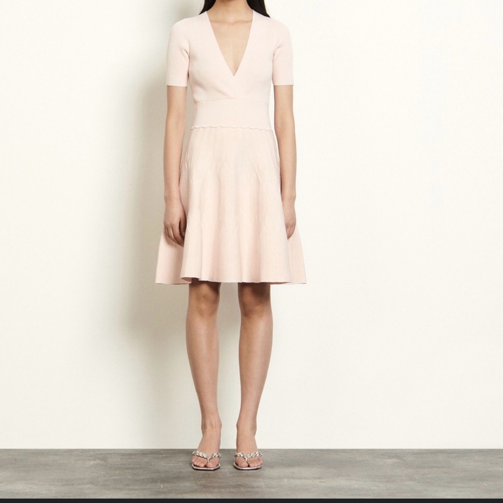 Sandro Pink Fit And Flare V-Neck Mini Dress